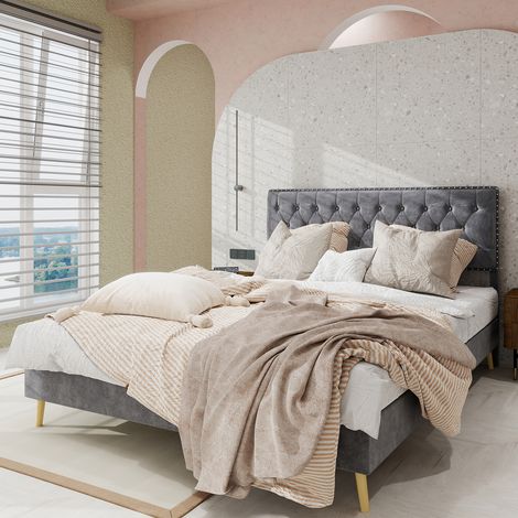 Cama doble para adulto de 160x200 cm, cabecero tapizado, somier de láminas, colchón no incluido - estilo minimalista moderno, terciopelo, gris (1/5)