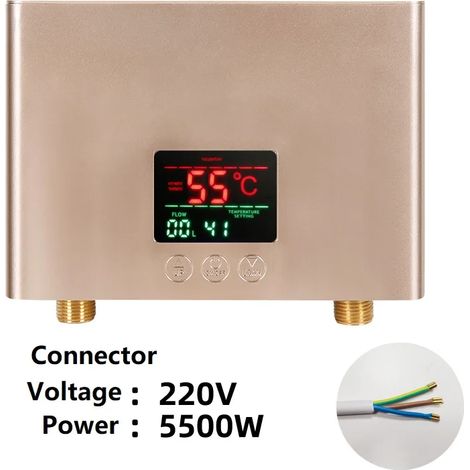 (Couleur or, 220 V - 5500 W, universel) Chauffe-eau électrique instantané, mural, affichage LCD de la température, avec télécommande. (1/4)