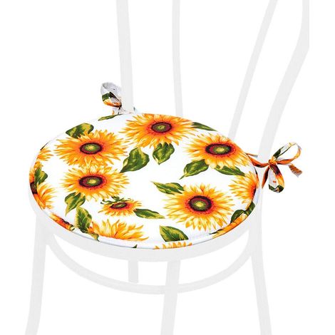 Cuscino Sedia Rotondo Morbido Lavabile Laccetti Fissaggio Girasoli 100% Made In Italy - Bianco