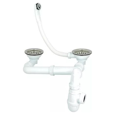 Nicoll – Vidage complet évier 2 cuves Ø90 – Panier manuel gain de place – Siphon réglable en hauteur – Prise machine à laver (1/4)