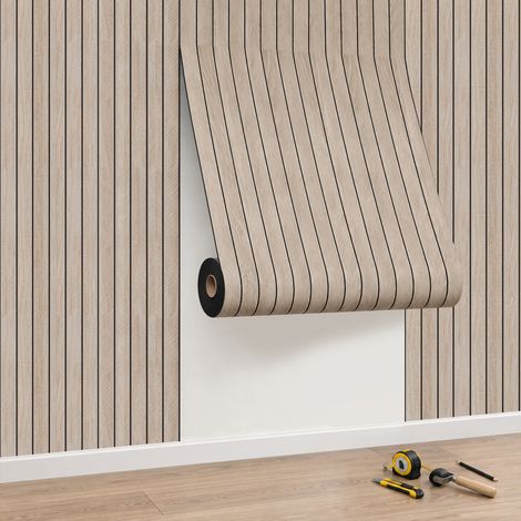 Jiubiaz 3D Wandpaneel Dekor Teak‑Optik Wandpaneel selbstklebend Holzoptik Holzlatten-Tapete in Rolle 300x60cm (1/5)