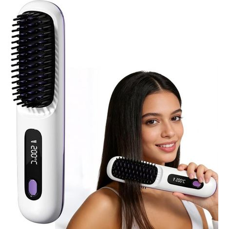 Kompakter, wiederaufladbarer, kabelloser Stylingkamm, schnell aufheizender Haarglätter aus ABS-Kunststoff für Ponyfrisuren, Reisen und kurzes Haar (weiß) (1/5)