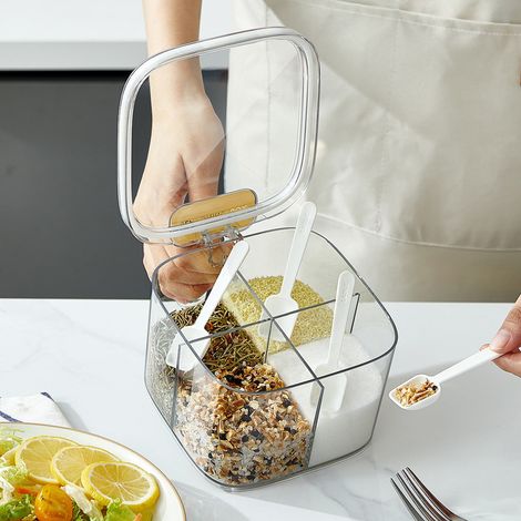 Boîte À Épices - 4 Compartiments Étanches Avec Couvercle - Transparente En Plastique - Pour Sel Poivre Herbes Poudres - 17 x 13,7 x 9,7 cm - 1 Pièce (1/5)