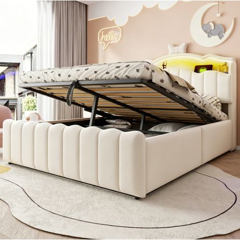 Lit coffre 140x200 cm multifonction avec rangement hydraulique, LED, USB et USB-C, tête de lit, velours - beige (1/5)