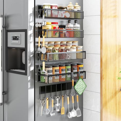 Fridge Magnetic Spice Rack, Set of 5 Magnetic Shelves with 8 Removable Hooks, Kitchen Organizer Without Drilling (8 Extra Hooks Included) (5 PACK-NEW) (1/5)