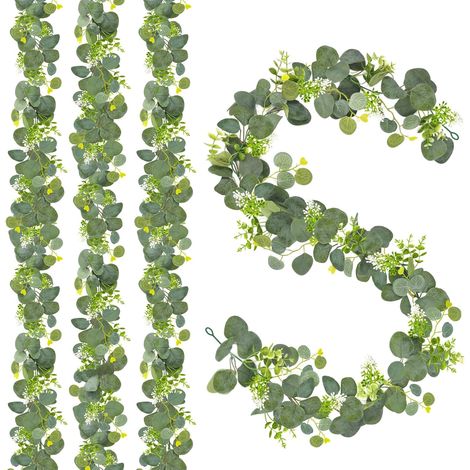 Lot de 2/4 guirlandes d'eucalyptus artificielles à suspendre, 1,8 m, guirlande de fleurs vertes, guirlande de table pour mariage, arche, jardin, intérieur et extérieur (4, vert) (1/5)