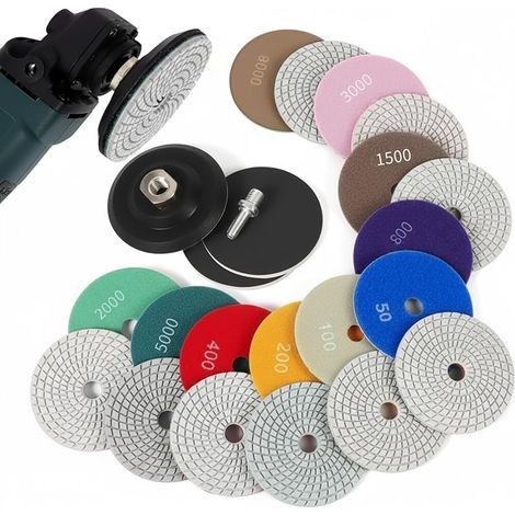 Set mit 14 Diamantpolierscheiben (100 mm) – Körnung 50–8000 – Marmorpolierset mit M14-Gummistützteller – Wollfilz für Beton, Granit, Stein und Marmor (1/5)