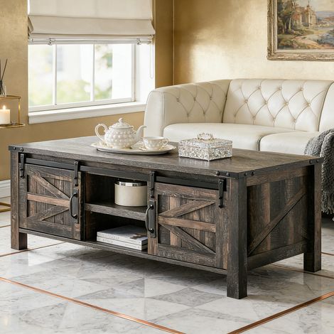 Table Basse Relevable en Bois Style Farmhouse 48", Porte Coulissante Grange, Rangement Caché & Étagère Réglable, Table Centre Salon/Bureau, Panneau de Particules - Dark Rustic Oak (1/5)
