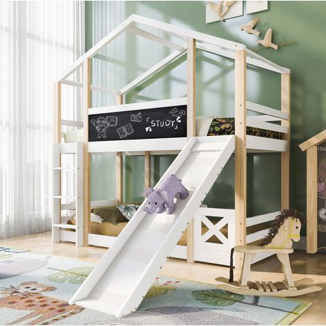 FLORAGRACE Lit mezzanine enfant 90x200 cm cabane en bois blanc avec toboggan et échelle (1/5)