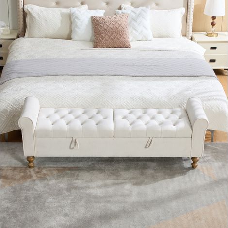 Panca contenitore in velluto beige con 2 coperchi e gambe in legno di caucciù (1/5)