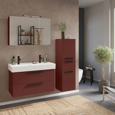 Badmöbel Set 3-teilig Waschtisch für 2 Armaturen, Spiegelschrank und Midischrank, in rot - ATELLA-03 (1/5)