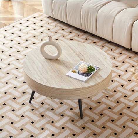 Tavolino rotondo 70 cm in MDF effetto travertino legno chiaro, gambe in metallo nero DESVIAE (1/5)