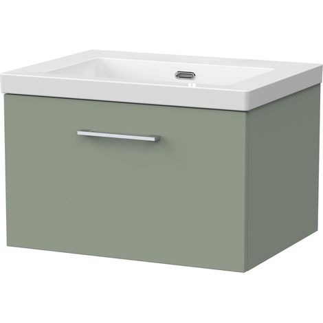 Pershall Contemporary Wall Hung 1 Drawer Vanity Unit with 0 Tap Hole Fireclay Basin, 600mm, Reed Green