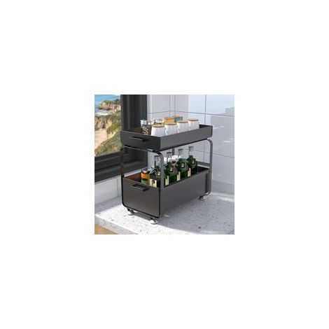 Étagère à épices coulissante 2 niveaux – Acier au carbone – Dimensions 40 x 25,5 x 39,5 cm – Pour rangement sous évier cuisine et salle de bain noir (1/5)