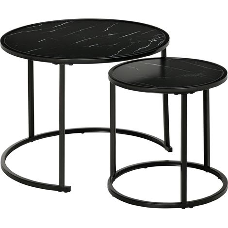 Set 2 tavolini rotondi impilabili, gambe legno, piano simil marmo, diametro 60x46 cm e 40x40 cm, nero