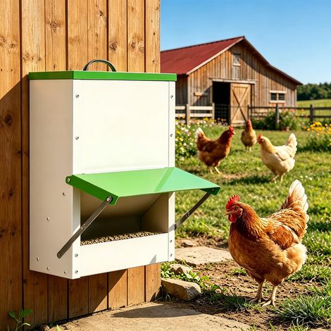 Mangeoire automatique pour poules en métal - Distributeur de nourriture anti-nuisibles avec couvercle, grande capacité 11kg, montage mural ou au sol