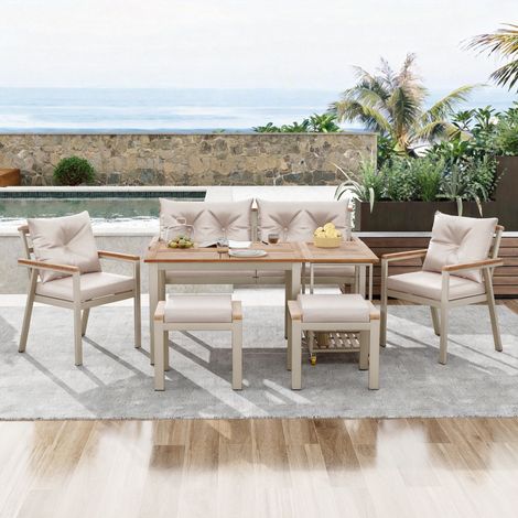 Salon de jardin 6 places – avec fauteuils et chariot amovible – Coussins inclus, housses déhoussables et lavables, Beige (1/5)