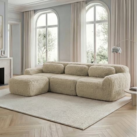 Sofá modular en L 300x180x65 cm caqui claro de felpa sin estructura con cojines (1/5)