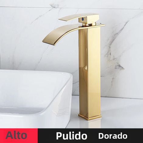 Robinet d'eau chaude et froide moderne en acier inoxydable, style A doré (long), à poignée unique.