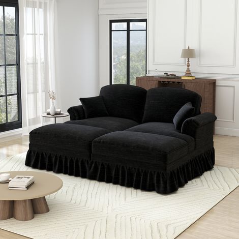 Canapé chenille classique modulaire 2 places,accoudoirs évasés,tablier amovible,pieds fuseau et tabouret mobile,canapé nuage doux pour salon,noir