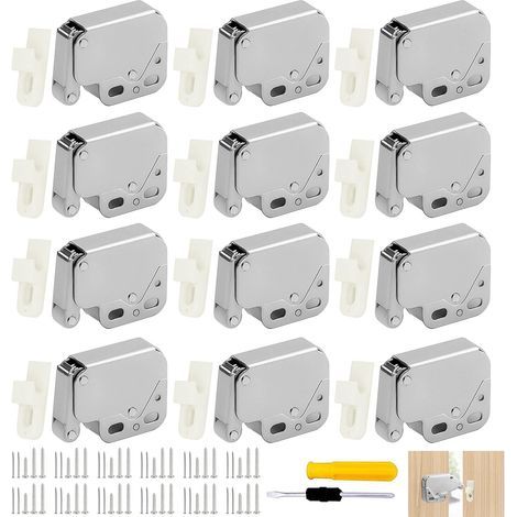 12 ganchos de presión con resorte, de acero inoxidable, mini pestillo, ganchos de presión para muebles con tornillos y clavos, adecuados para armarios, roperos y puertas de alacenas. (1/5)