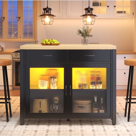 Isola da cucina con LED 100x80x90 cm, 2 cassetti, ante in vetro, nera HAVRYA (1/5)