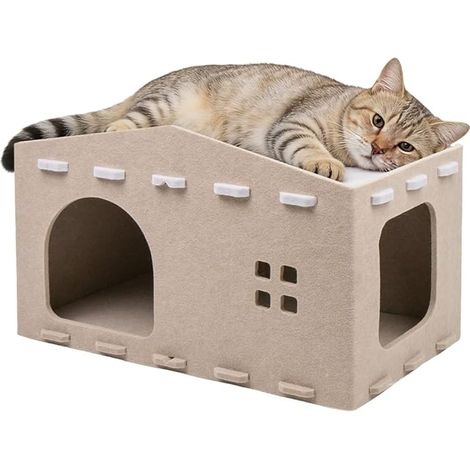 Cat House, Rectangular Cat House, Cat Cave for Sleeping, 2 Floors Large Space, Foldable (Khaki) (1/5)