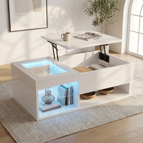 Tavolino sollevabile 100x55x35 cm con LED RGB e contenitore nascosto, tavolo da salotto in vetro e legno, bianco