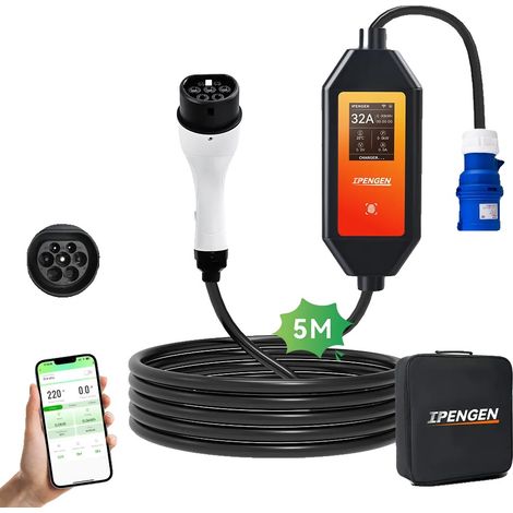 Chargeur EV Portable, Réglages de Courant Ajustables, Câble de Charge de 5M, 7KW 32A 5M, Pas de prise (1/2)