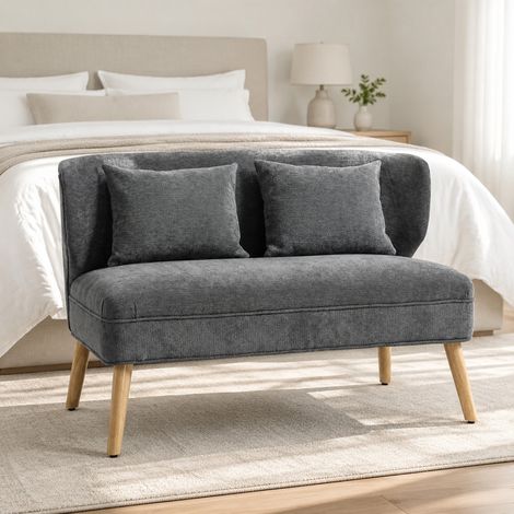 Divano compatto a 2 posti in ciniglia grigio con schienale ad ali, gambe in legno OKMYHOME (1/5)
