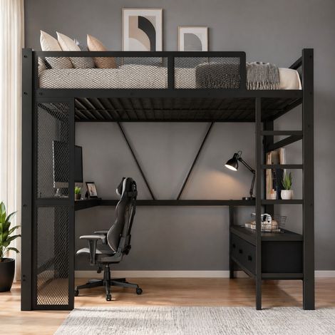 Letto a soppalco matrimoniale metallo e MDF nero 140x200 cm con scrivania, LED, USB e 3 cassetti