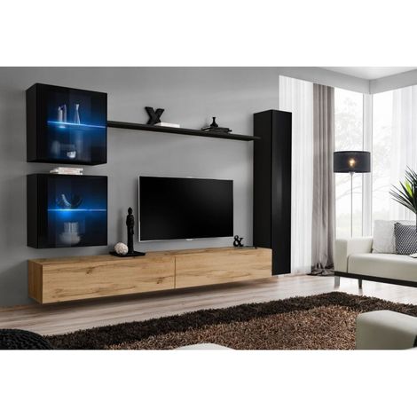 Ensemble mural - Switch XVIII - 2 vitrines LED - 1 vitrine verticale - 2 bancs TV - 1 étagère - Bois et noir - Modèle 2 - Livraison gratuite