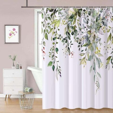 Rideau de Douche Floral avec 12 Crochets, Rideaux de Douche en Polysilicium Imperméable, Lavable Machine, Séchage Rapide, 180x180cm pour Baignoire ou la Salle de Bain (Vert)