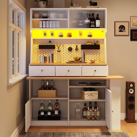 Buffet haut blanc 137 x 45 x 178 cm avec table extensible, portes coulissantes, 3 tiroirs, rangements modulables et LED (1/5)