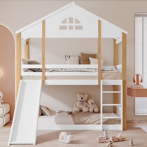 Lit superposé avec fenêtres caractéristiques et échelle inclinée à 3 marches, lit d'enfant avec toboggan, lit maison avec barrières et protection anti-chute, cadre de lit en bois massif, blanc+naturel