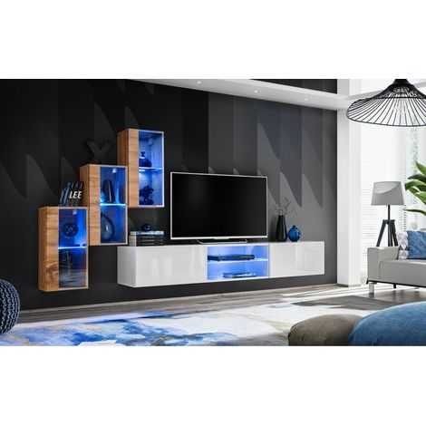 Ensemble meuble TV mural Switch XXII - L 240 x P 40 x H 170 cm - Marron et blanc - Livraison gratuite