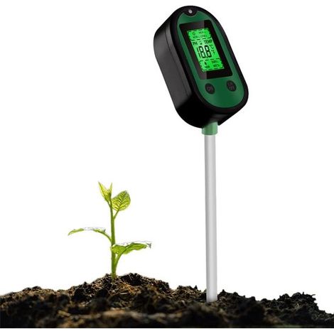 Medidor digital 5 en 1 para plantas (pH/temperatura/humedad/luz), ideal para jardín y flores.