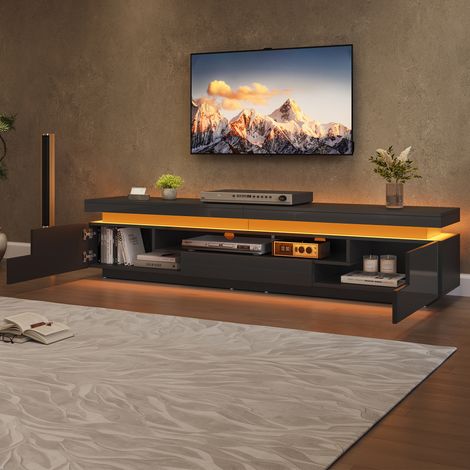 Meuble TV laqué brillant noir 175x38x45 cm, 2 caissons en L + 1 tiroir, avec éclairage LED intégré, rangement semi-ouvert, meuble bas pour téléviseur jusqu'à 75 pouces, salle de séjour. (1/5)
