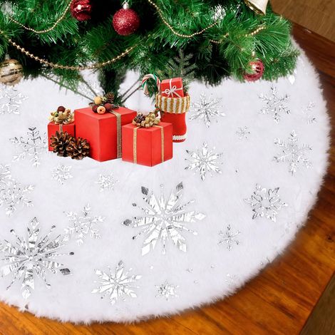 Jupe de Sapin de Noel, 19 Pouces / 50cm Peluche Neige Tapis Sapin Noel Blanc Cache Pied Sapin de Noel avec Flocons de Neige Argente Couvre-Pied de Sapin pour la Sapin de Noel Decortion Noel (1/5)