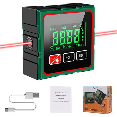 3-in-1 Laser-Wasserwaage mit digitalem Winkelmesser – 4 Magnete, USB-C, LCD-Display – fuer Innen & Aussen, in ° / %