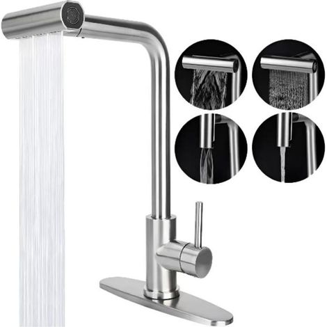 Robinet de cuisine en cascade pivotant à 360 ° avec tête de pulvérisation, 4 modes de sortie d'eau, eau chaude et froide disponible (argent) (1/5)
