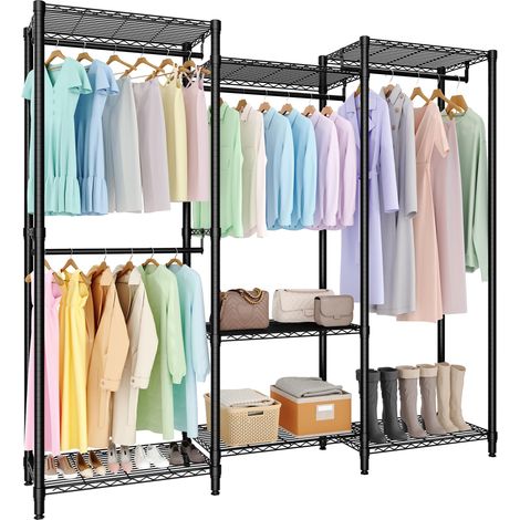 Portant à vêtements robuste – Armoire de rangement autoportante noire – Étagères réglables et 4 tringles – Structure modulable – Idéal chambre/dressing – 3 combinaisons, 2 étages x 3 étages x 2 étages (1/5)