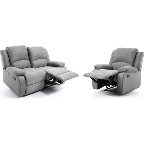 Loungitude – Ensemble canapé relax manuel 2 places – Fauteuil manuel en microfibre – Confort optimal – Gris – Dimensions canapé 143x93x96 cm (1/6)