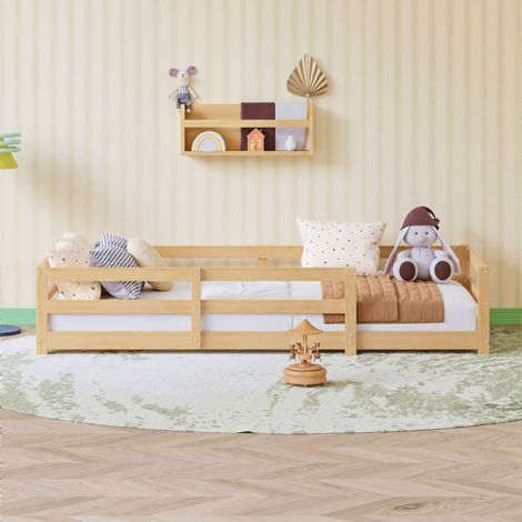 Lit enfant Montessori 90x200 cm en bois de pin avec contour de sécurité, sans sommier à lattes - Bois Naturel