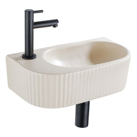 QeramiQ Fuente Ensemble de lavabo - 40x21.5x12cm - gauche - nervuré - demi-rond - 1 trou de robinet - céramique - robinet de lavabo noir mat - bonde - (1/5)