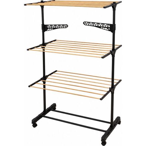 Étendoir à Linge Pliable Modulable 3 Niveaux avec 4 Roulettes et Support Cintres-Longueur 80 x Profondeur 42 x Hauteur 165 cm (1/4)