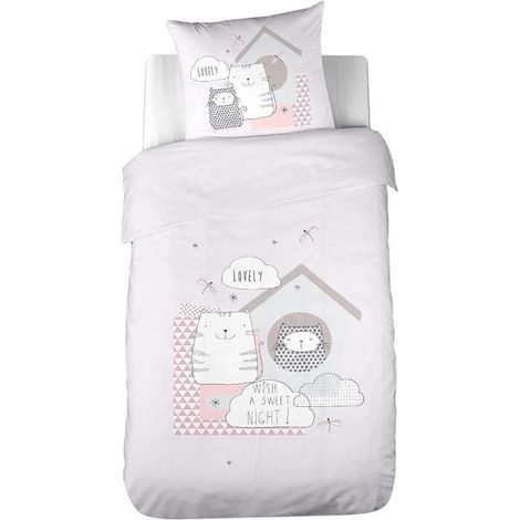 Parure de Lit - COTE DECO - Housse de Couette 140x200 cm - 100% Coton - Imprimé Chat - Enfant