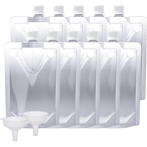 Gourdes réutilisables en plastique - Pochettes étanches de 240 ml sans BPA pour les voyages, les activités de plein air, les concerts et les événements (10 pièces + 2 entonnoirs) (1/5)
