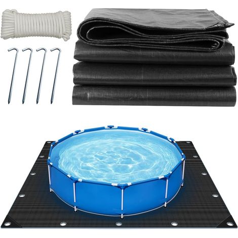 Bâche de Sol de Piscine 120 g/m² renforcée, carrée (4 x 4 m, Noir)  Bâche de fond pour piscine, avec 4 crochets et corde nylon 20m, bâche perforée, imperméable et indéchirable (1/5)