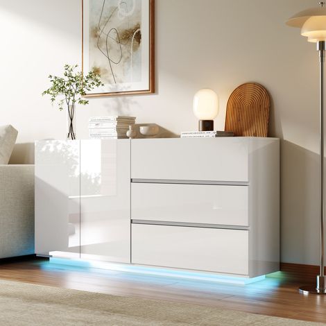 Credenza 160x35x76 cm - Mobile contenitore - 2 ante e 3 cassetti con illuminazione a LED - Design moderno - Bianco lucido (1/5)